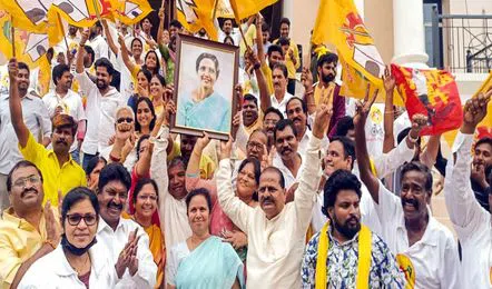 Telugu Desam Party (TDP) supporters celebrate as the party leads in the Andhra Pradesh assembly elections on Tuesday. — Photo: ANI IMAGE